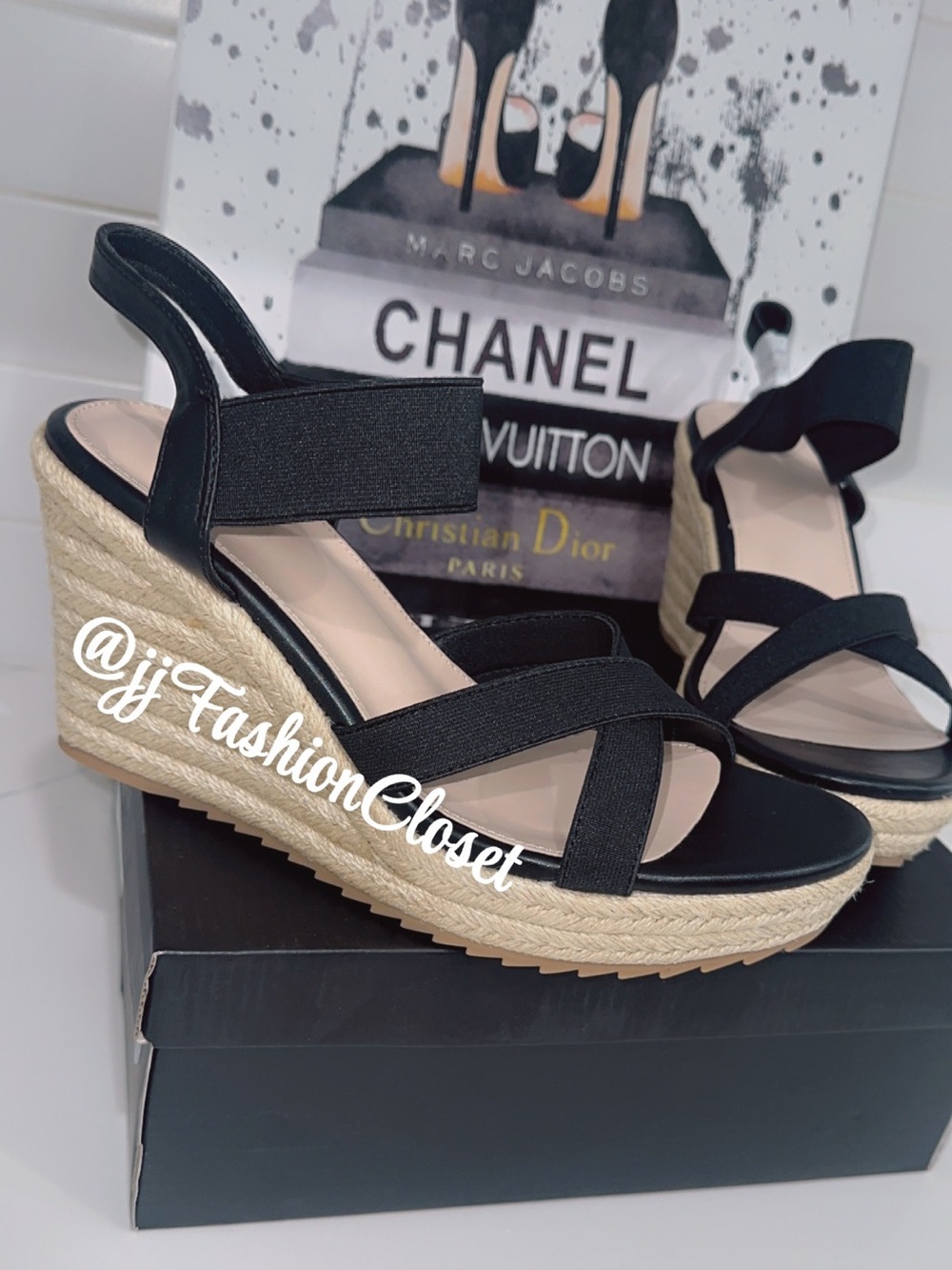 Mikarka Black Espadrille Wedge Sandals for Women